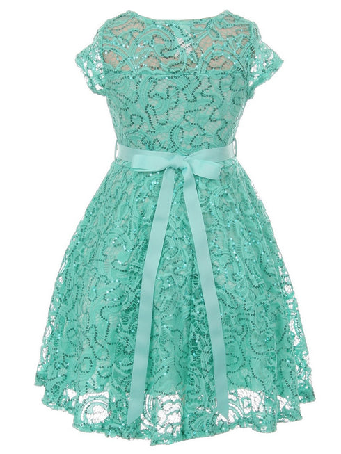 Girls Multi Color Sequin Lace Pearl Belt Skater Flower Girl Christmas Dress 2-14 - SophiasStyle.com
