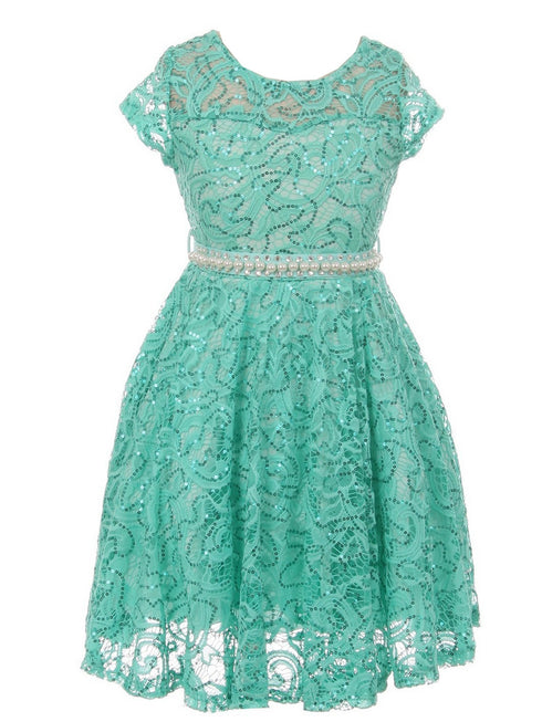 Girls Multi Color Sequin Lace Pearl Belt Skater Flower Girl Christmas Dress 2-14 - SophiasStyle.com