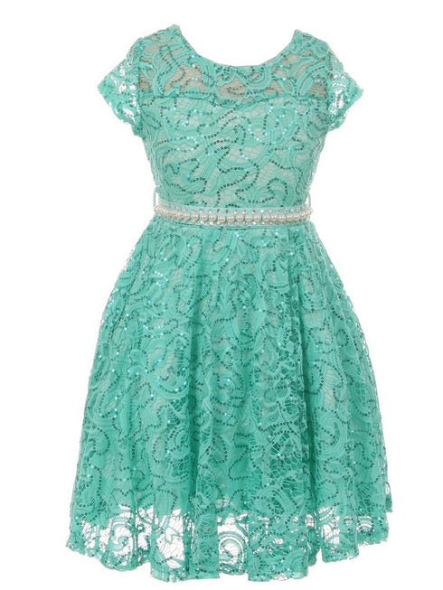 Girls Multi Color Sequin Lace Pearl Belt Skater Flower Girl Christmas Dress 2-14 - SophiasStyle.com