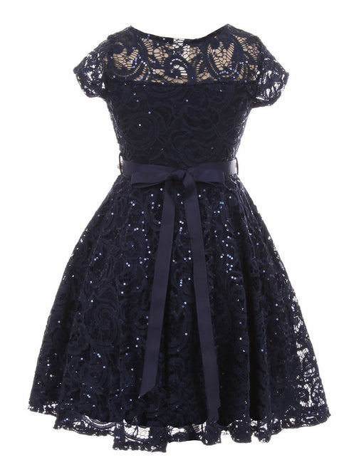 Girls Multi Color Sequin Lace Pearl Belt Skater Flower Girl Christmas Dress 2-14 - SophiasStyle.com