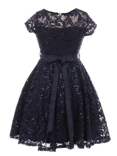 Girls Multi Color Sequin Lace Pearl Belt Skater Flower Girl Christmas Dress 2-14 - SophiasStyle.com