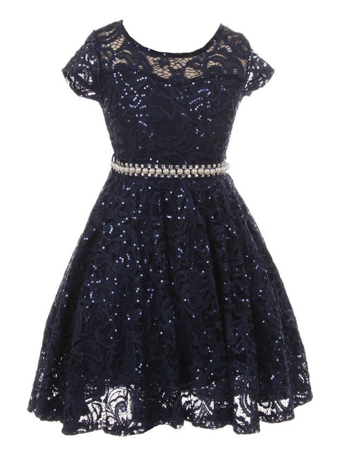 Girls Multi Color Sequin Lace Pearl Belt Skater Flower Girl Christmas Dress 2-14 - SophiasStyle.com