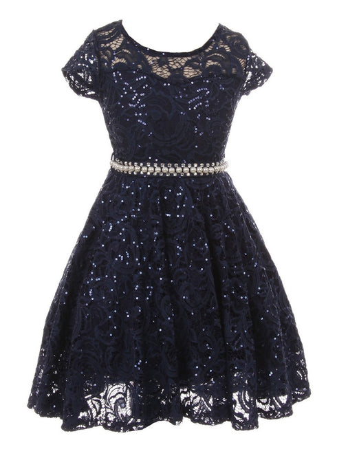 Girls Multi Color Sequin Lace Pearl Belt Skater Flower Girl Christmas Dress 2-14 - SophiasStyle.com