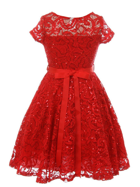 Girls Multi Color Sequin Lace Pearl Belt Skater Flower Girl Christmas Dress 2-14 - SophiasStyle.com