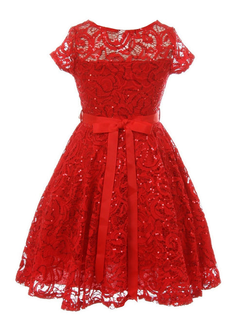 Girls Multi Color Sequin Lace Pearl Belt Skater Flower Girl Christmas Dress 2-14 - SophiasStyle.com
