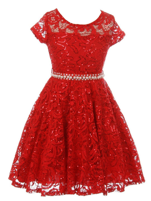 Girls Multi Color Sequin Lace Pearl Belt Skater Flower Girl Christmas Dress 2-14 - SophiasStyle.com