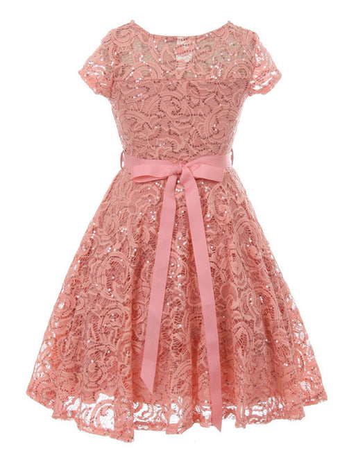 Girls Multi Color Sequin Lace Pearl Belt Skater Flower Girl Christmas Dress 2-14 - SophiasStyle.com