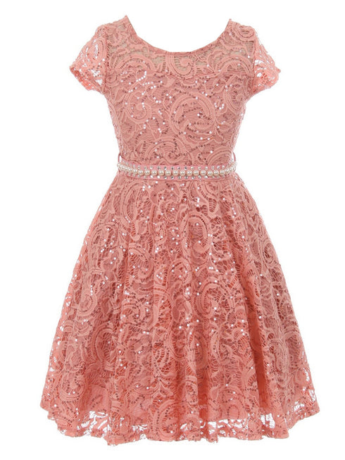 Girls Multi Color Sequin Lace Pearl Belt Skater Flower Girl Christmas Dress 2-14 - SophiasStyle.com