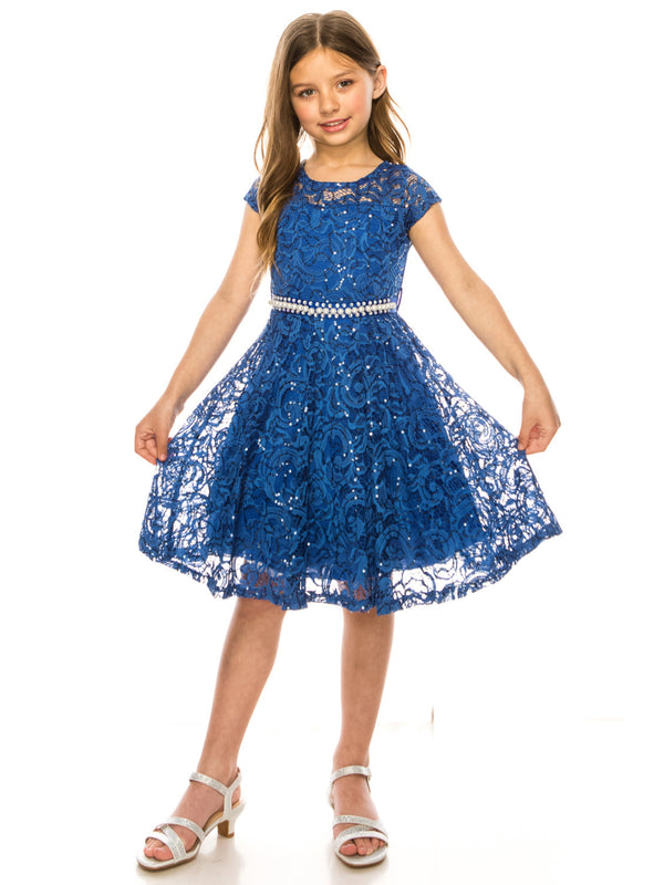 Girls Multi Color Sequin Lace Pearl Belt Skater Flower Girl Christmas Dress 2-14 - SophiasStyle.com