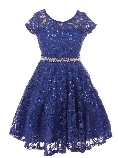 Girls Multi Color Sequin Lace Pearl Belt Skater Flower Girl Christmas Dress 2-14 - SophiasStyle.com