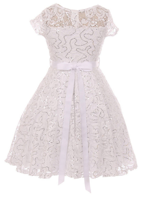 Girls Multi Color Sequin Lace Pearl Belt Skater Flower Girl Christmas Dress 2-14 - SophiasStyle.com