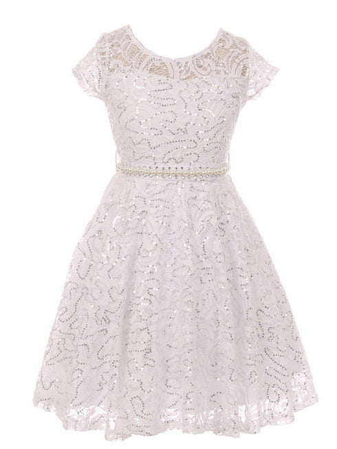 Girls Multi Color Sequin Lace Pearl Belt Skater Flower Girl Christmas Dress 2-14 - SophiasStyle.com