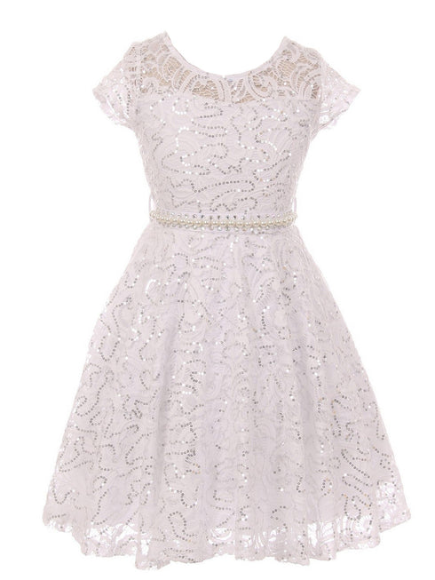 Girls Multi Color Sequin Lace Pearl Belt Skater Flower Girl Christmas Dress 2-14 - SophiasStyle.com