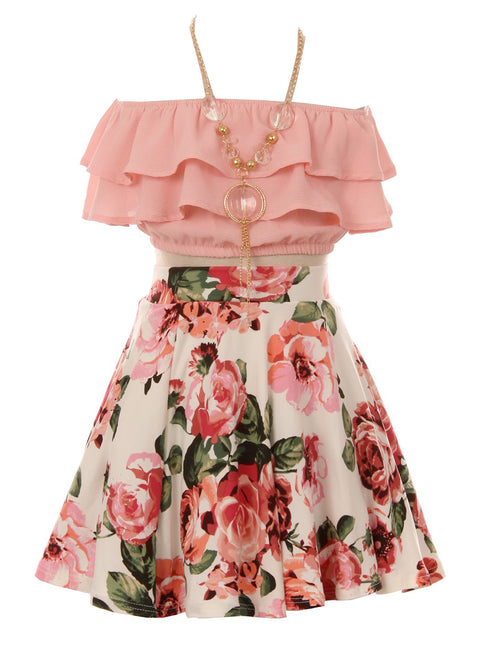 Just Kids - Juego de falda y collar de 2 piezas con volantes florales azules para niñas 4-14