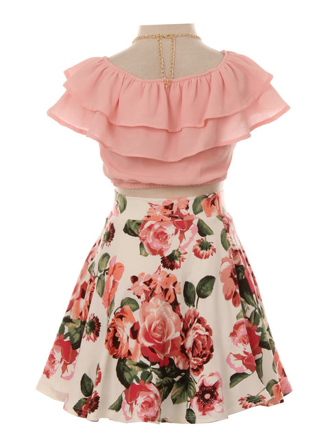 Just Kids - Juego de falda y collar de 2 piezas con volantes florales azules para niñas 4-14