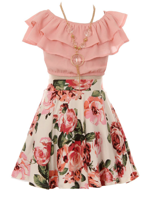 Just Kids - Juego de falda y collar de 2 piezas con volantes florales azules para niñas 4-14