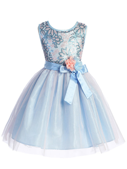 Girls Blue Floral Trim Overlaid Tulle Junior Bridesmaid Dress 2-14 front - SophiasStyle.com