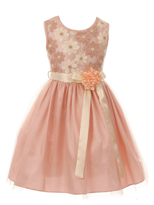 Girls Multi Color Floral Trim Overlaid Tulle Junior Bridesmaid Dress 2-14 - SophiasStyle.com