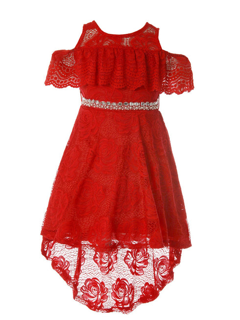 Red Girls High-Low Floral Lace Overlay Flower Girl Dress 4-14 SophiasStyle.com