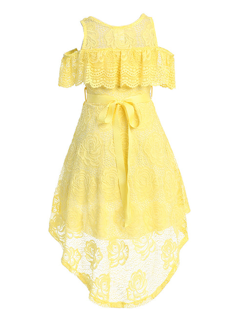 Yellow Girls High-Low Floral Lace Overlay Flower Girl Dress back 4-14 SophiasStyle.com