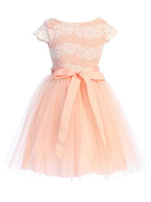 Girls Blush Shiny Top Tulle Skirt Pearl Belt Tea Length Dress 2-14 back SophiasStyle.com