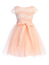 Girls Blush Shiny Top Tulle Skirt Pearl Belt Tea Length Dress 2-14 back SophiasStyle.com