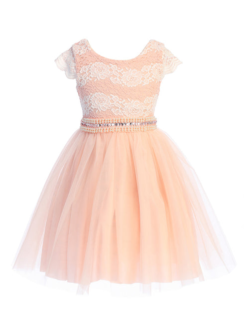 Girls Blush Shiny Top Tulle Skirt Pearl Belt Tea Length Dress 2-14 front SophiasStyle.com