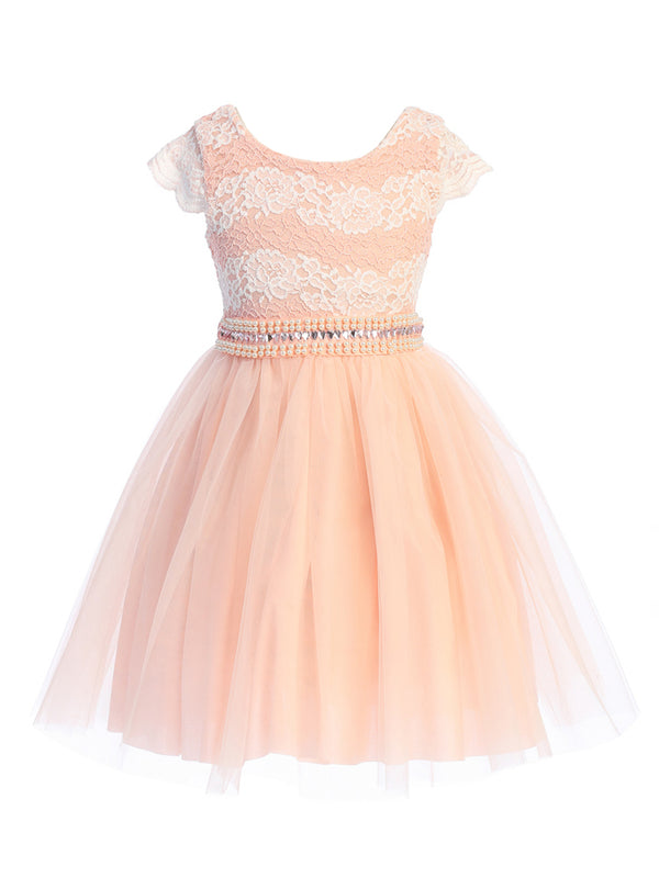 Girls Blush Shiny Top Tulle Skirt Pearl Belt Tea Length Dress 2-14 front SophiasStyle.com