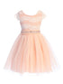 Girls Blush Shiny Top Tulle Skirt Pearl Belt Tea Length Dress 2-14 front SophiasStyle.com