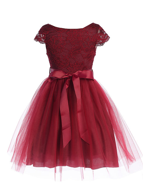 Girls Burgundy Shiny Top Tulle Skirt Pearl Belt Tea Length Dress 2-14 back SophiasStyle.com