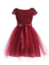 Girls Burgundy Shiny Top Tulle Skirt Pearl Belt Tea Length Dress 2-14 back SophiasStyle.com