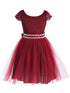 Girls Burgundy Shiny Top Tulle Skirt Pearl Belt Tea Length Dress 2-14 front SophiasStyle.com