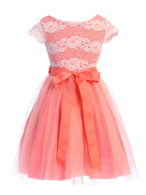 Girls Coral Shiny Top Tulle Skirt Pearl Belt Tea Length Dress 2-14 back SophiasStyle.com