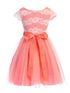 Girls Coral Shiny Top Tulle Skirt Pearl Belt Tea Length Dress 2-14 back SophiasStyle.com