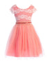 Girls Coral Shiny Top Tulle Skirt Pearl Belt Tea Length Dress 2-14 front SophiasStyle.com