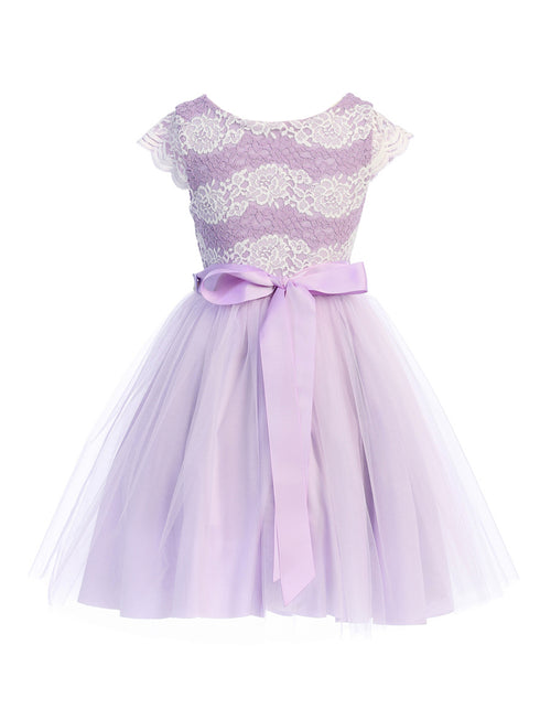 Girls Lilac Shiny Top Tulle Skirt Pearl Belt Tea Length Dress 2-14 back SophiasStyle.com