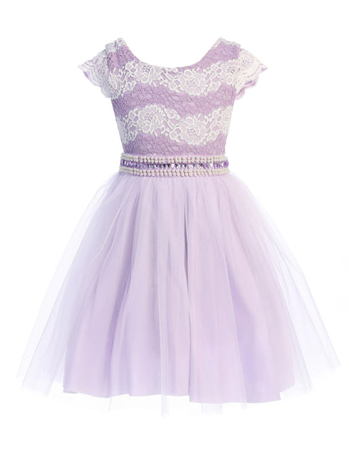 Girls Lilac Shiny Top Tulle Skirt Pearl Belt Tea Length Dress 2-14 front SophiasStyle.com