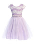 Girls Lilac Shiny Top Tulle Skirt Pearl Belt Tea Length Dress 2-14 front SophiasStyle.com