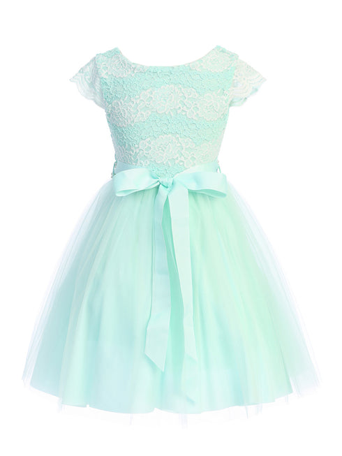 Girls Mint Shiny Top Tulle Skirt Pearl Belt Tea Length Dress 2-14 back SophiasStyle.com