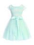 Girls Mint Shiny Top Tulle Skirt Pearl Belt Tea Length Dress 2-14 back SophiasStyle.com