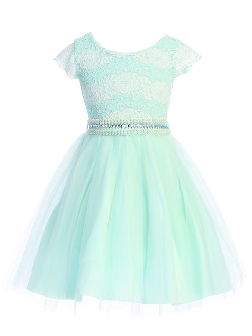 Girls Mint Shiny Top Tulle Skirt Pearl Belt Tea Length Dress 2-14 front SophiasStyle.com