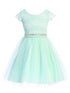 Girls Mint Shiny Top Tulle Skirt Pearl Belt Tea Length Dress 2-14 front SophiasStyle.com