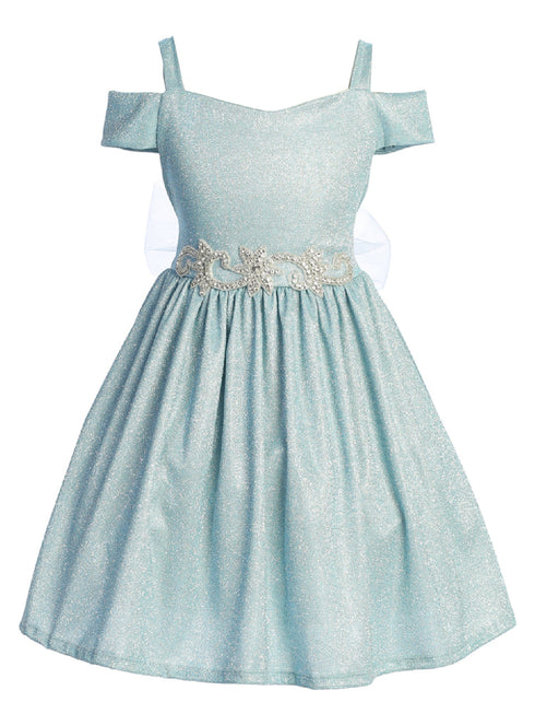 Girls Blue Sparkling Off Shoulder Flower Girl Dress 4-16 front SophiasStyle.com