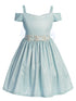 Girls Blue Sparkling Off Shoulder Flower Girl Dress 4-16 front SophiasStyle.com