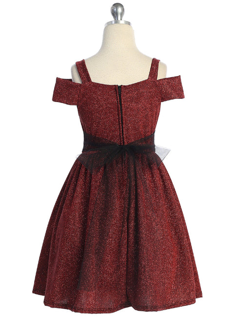 Girls Burgundy Sparkling Off Shoulder Flower Girl Dress 4-16 back SophiasStyle.com