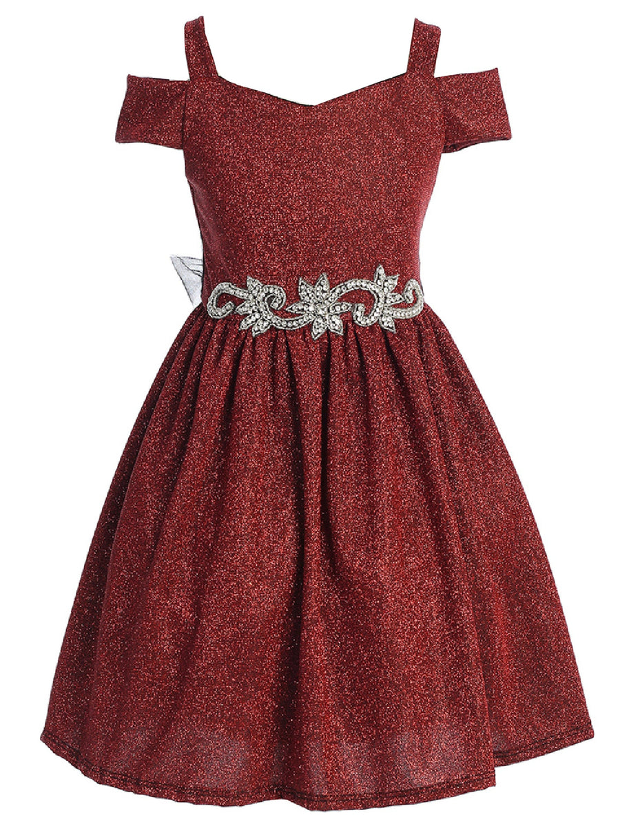 Girls Multi Color Sparkling Off Shoulder Flower Girl Dress 4-16 Burgundy / 16