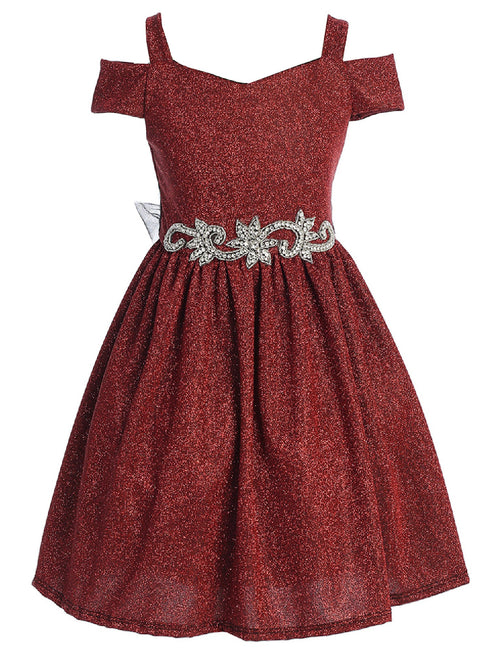 Girls Burgundy Sparkling Off Shoulder Flower Girl Dress 4-16 front SophiasStyle.com