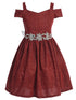 Girls Burgundy Sparkling Off Shoulder Flower Girl Dress 4-16 front SophiasStyle.com