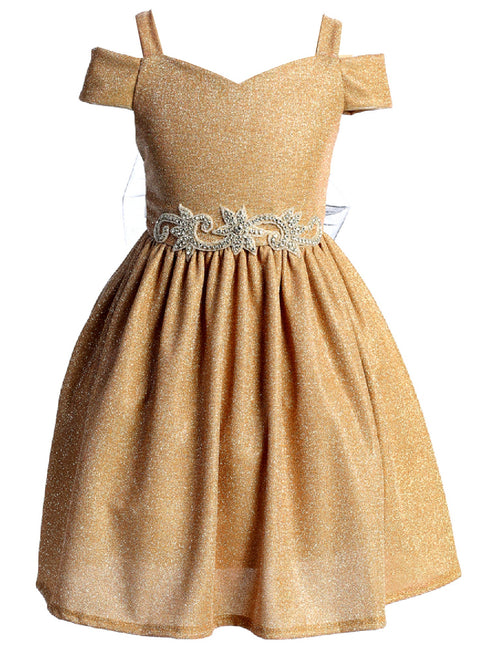 Girls Champagne Sparkling Off Shoulder Flower Girl Dress 4-16 - SophiasStyle.com front