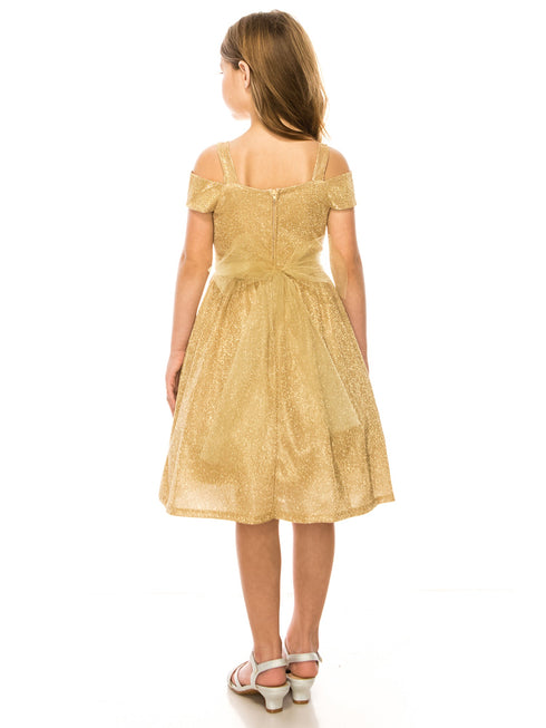 Girls Champagne Sparkling Off Shoulder Flower Girl Dress 4-16 - SophiasStyle.com model back